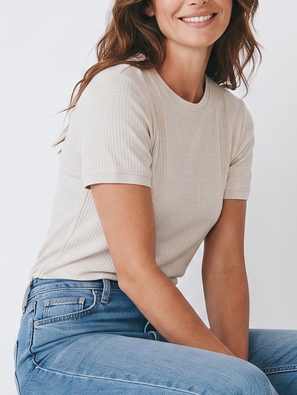 100% Cotton Quality Ribbed Crew Short Sleeve Tee — Cream